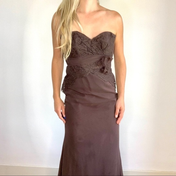 Elegant Strapless Brown Lace Dress - Picture 2 of 14